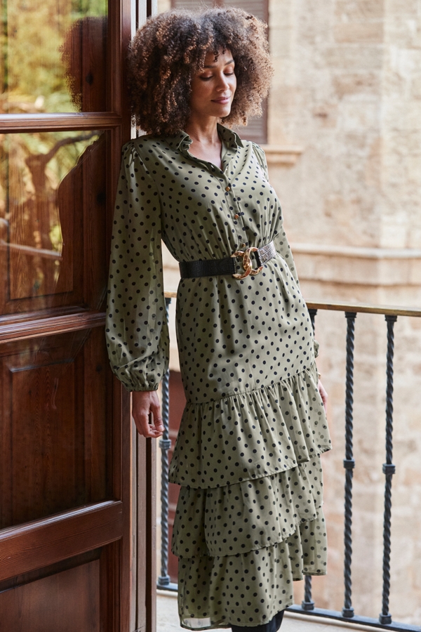 Khaki Green Spot Print Tiered Hem Midi Shirt Dress