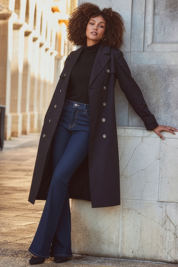 Black Longline Trench Coat With Faux Leather Trim