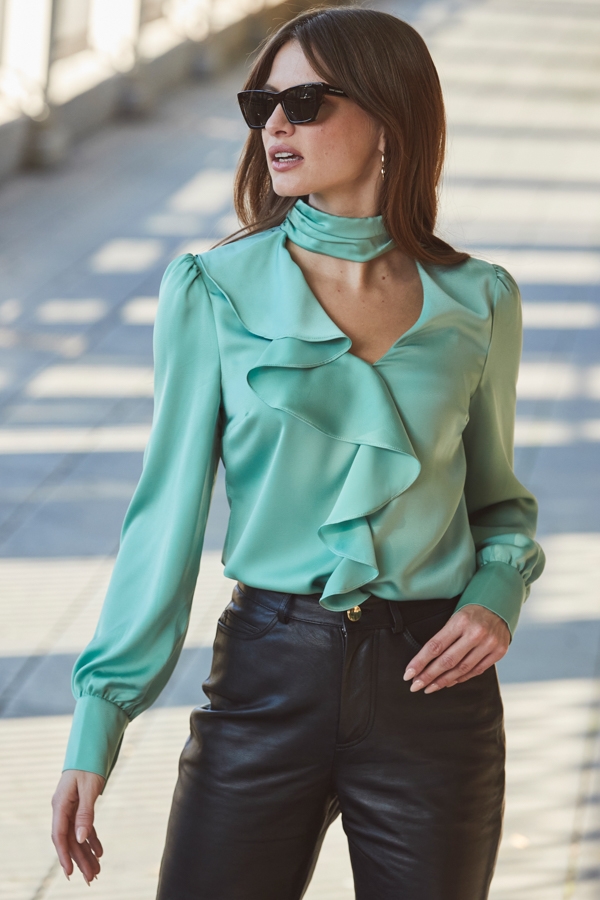 Pale Green Satin Ruffle Detail Blouse