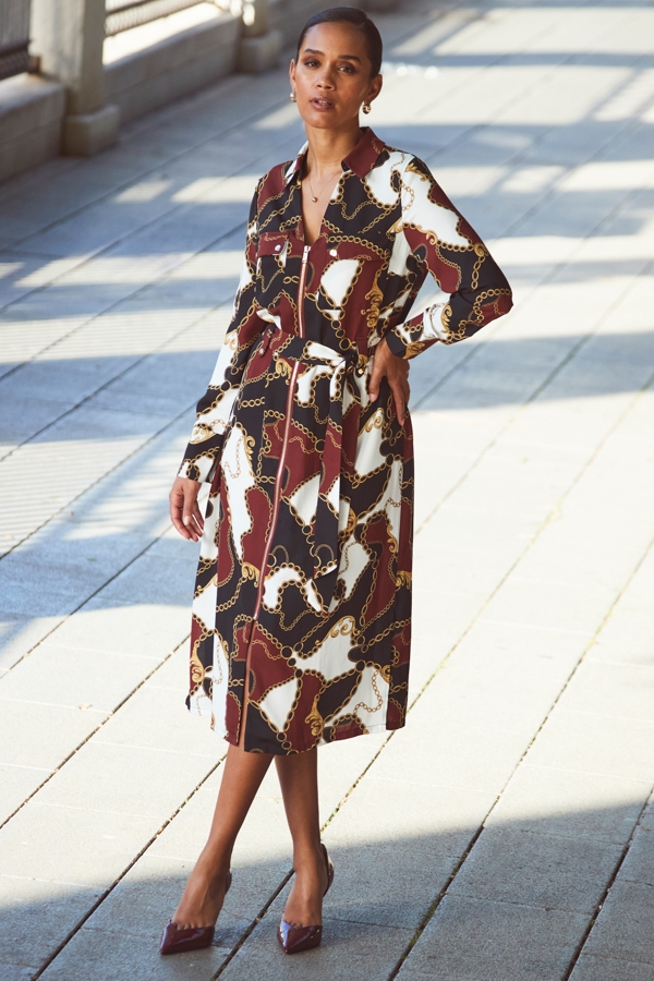 Black Multi Print Zip Front Belted Midi Dress