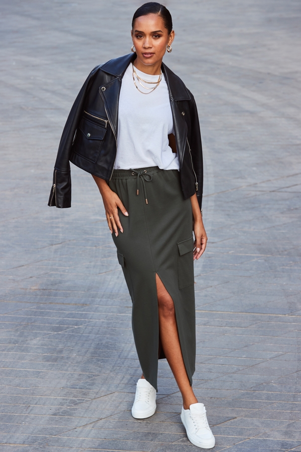 Khaki Green Super Soft Pocket Detail Utility Midi Skirt