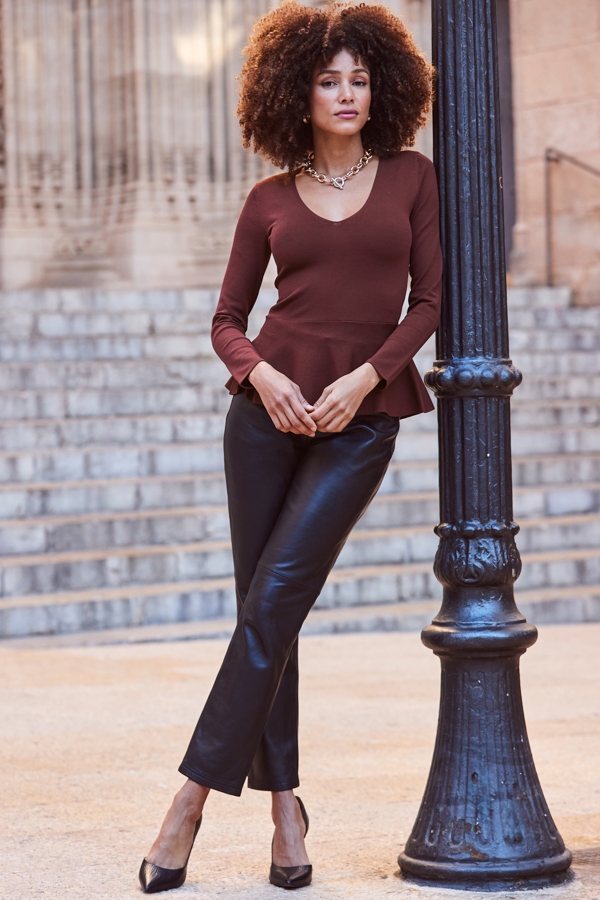 Chocolate Brown Peplum Hem Fine Knit Top