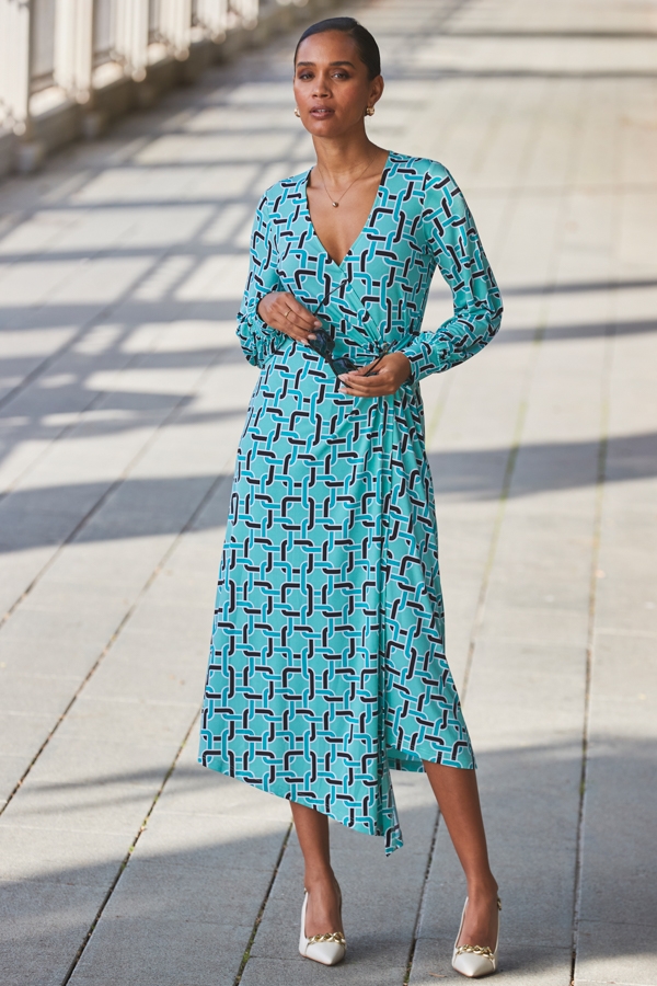 Green Geometric Print Blouson Sleeve Wrap Jersey Midi Dress