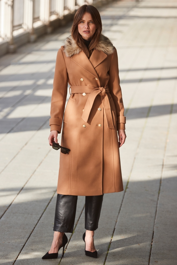 Camel Longline Faux Wool Trench Coat with Faux Fur Collar