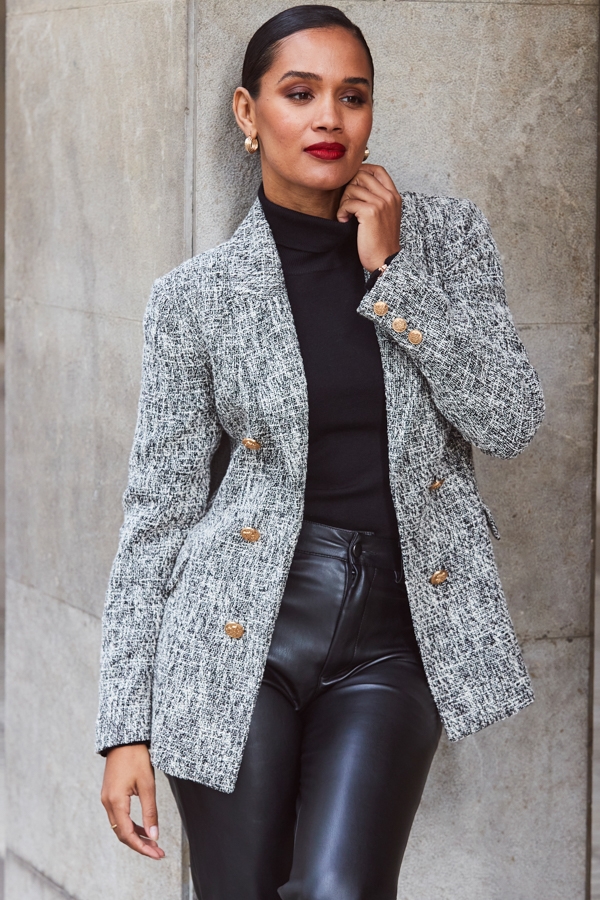 Black & White Boucle Blazer With Gold Buttons