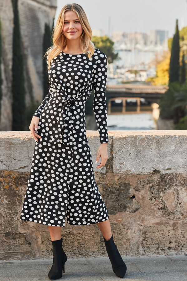 Black & White Spot Print Tie Waist Fit & Flare Jersey Dress