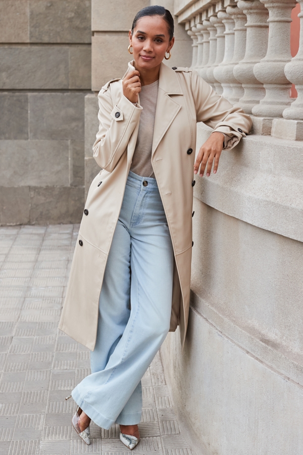 Ecru Faux Leather Trench Coat