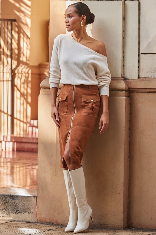 Tan Suede Zip Front Pocket Detail Pencil Skirt