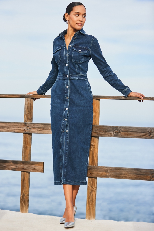 Dark Indigo Denim Long Sleeve Button Front Midi Dress