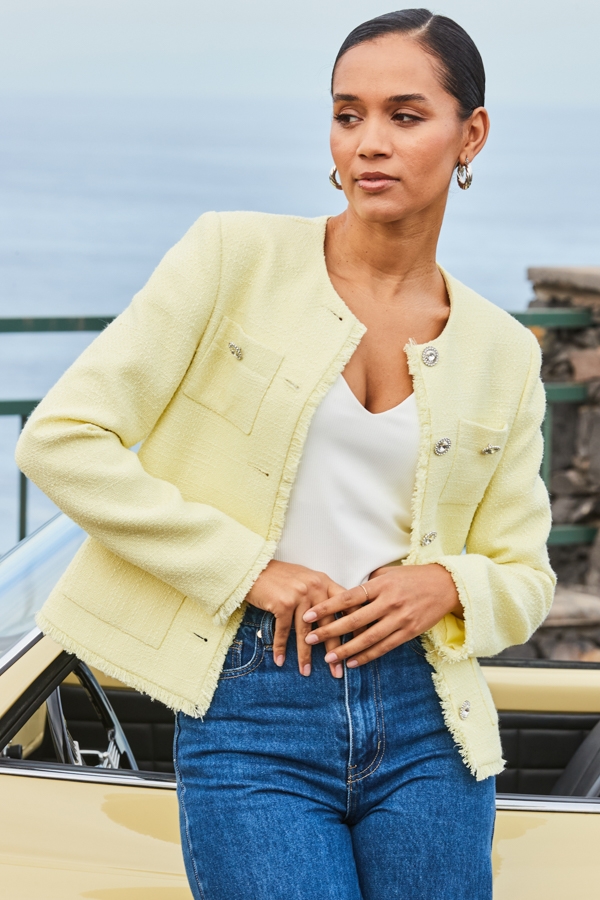 Yellow Boucle Jacket With Embellished Buttons