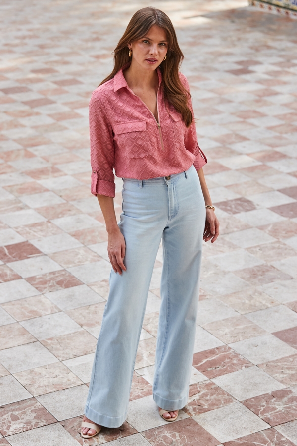 Light Wash Blue Denim Stretch Wide Leg Jeans