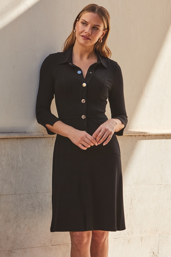 Black Ponte Popper Front Jersey Dress