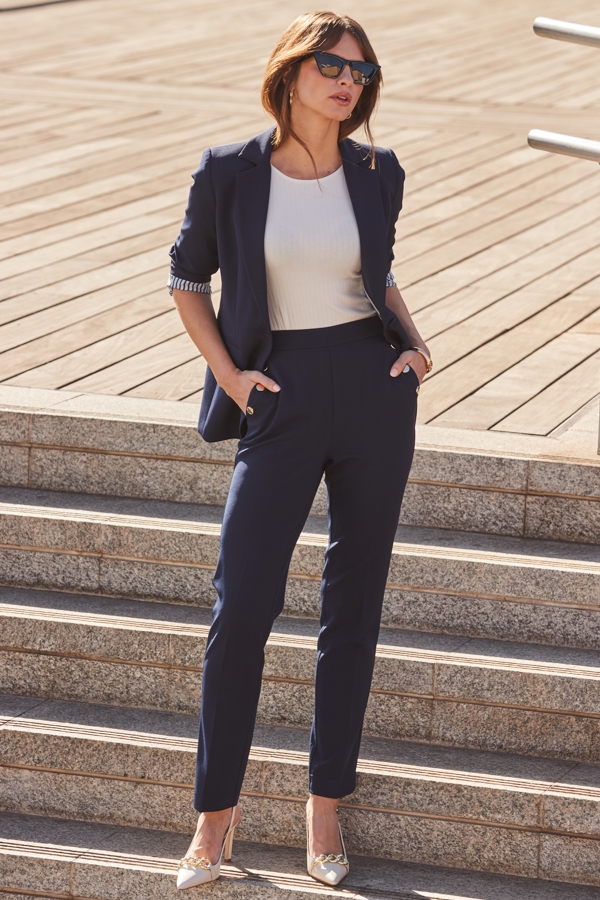 Navy Blue Side Button Tapered Leg Trousers