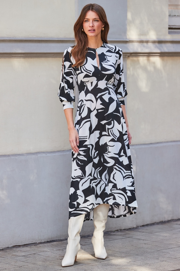 Black Floral Print Keyhole Detail Jersey Midi Dress