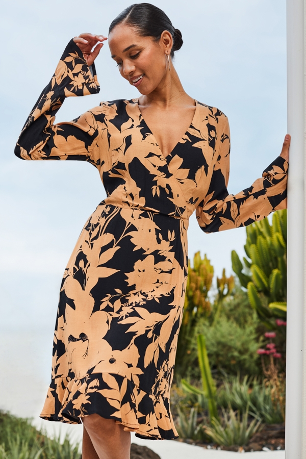 Black Floral Print Fit & Flare Wrap Dress