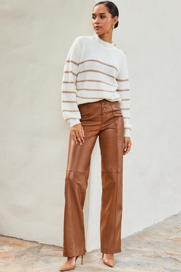 Tan Leather Button Front Wide Leg Trousers