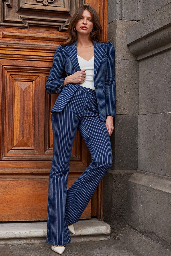 Navy Blue & White Pinstripe Kick Flare Jeans