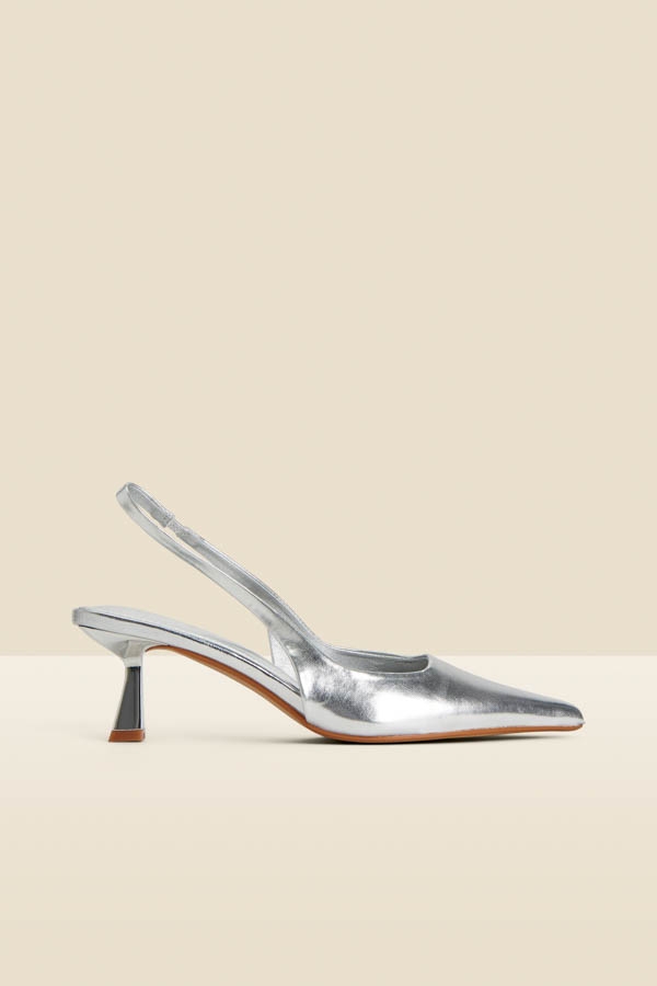 Silver Metallic Kitten Heel Slingback Court Shoes