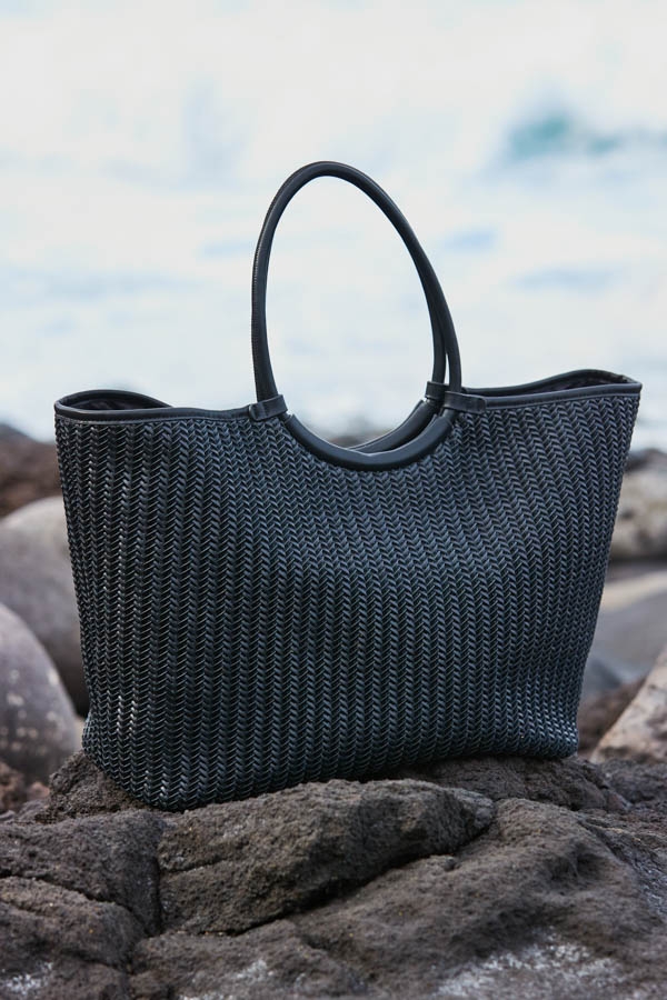 Black Faux Leather Woven Oversized Tote Bag