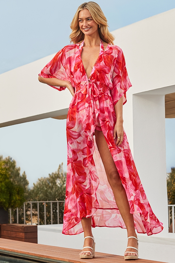 Coral Pink Floral Print Ruffle Front Tie Waist Kaftan