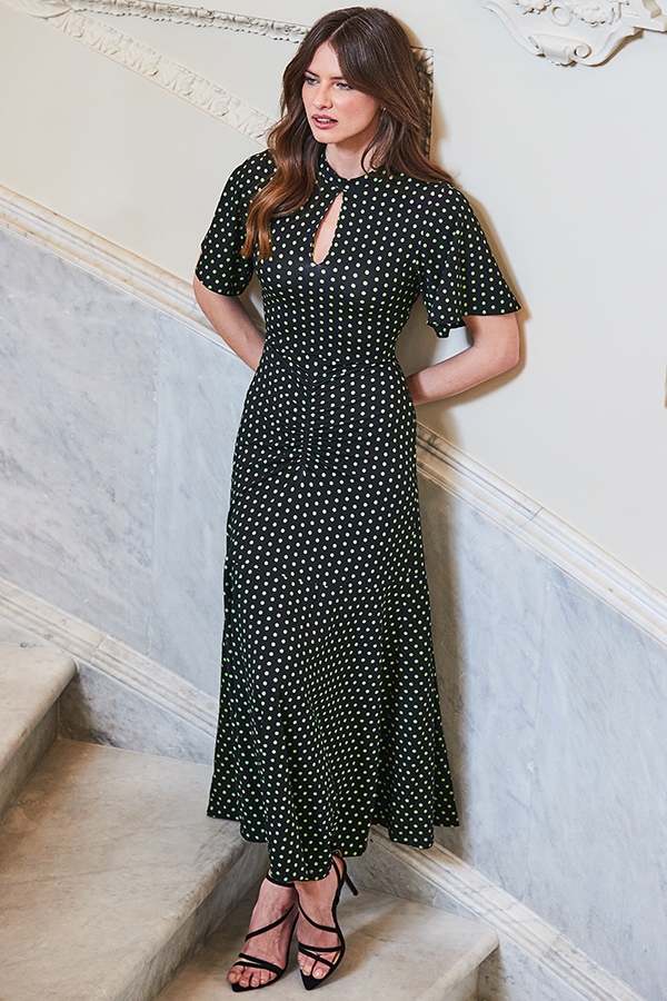 Black & Green Spot Print Keyhole Detail Jersey Dress