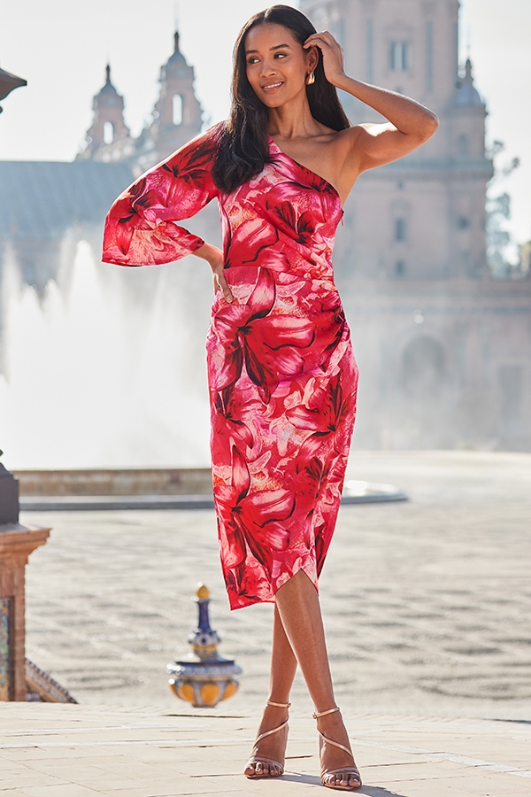 Pink Floral Print One Shoulder Midi Dress
