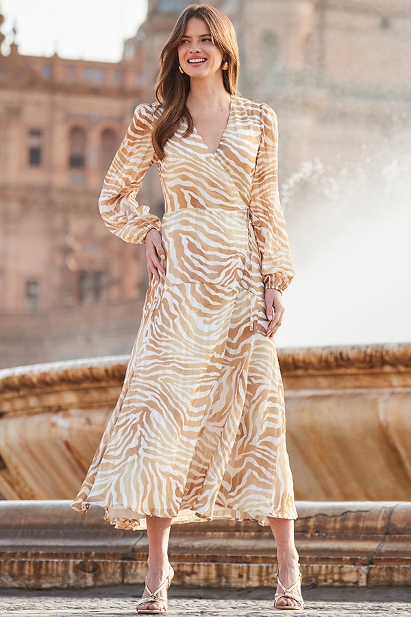 Gold Metallic Animal Print Blouson Sleeve Wrap Midaxi Dress