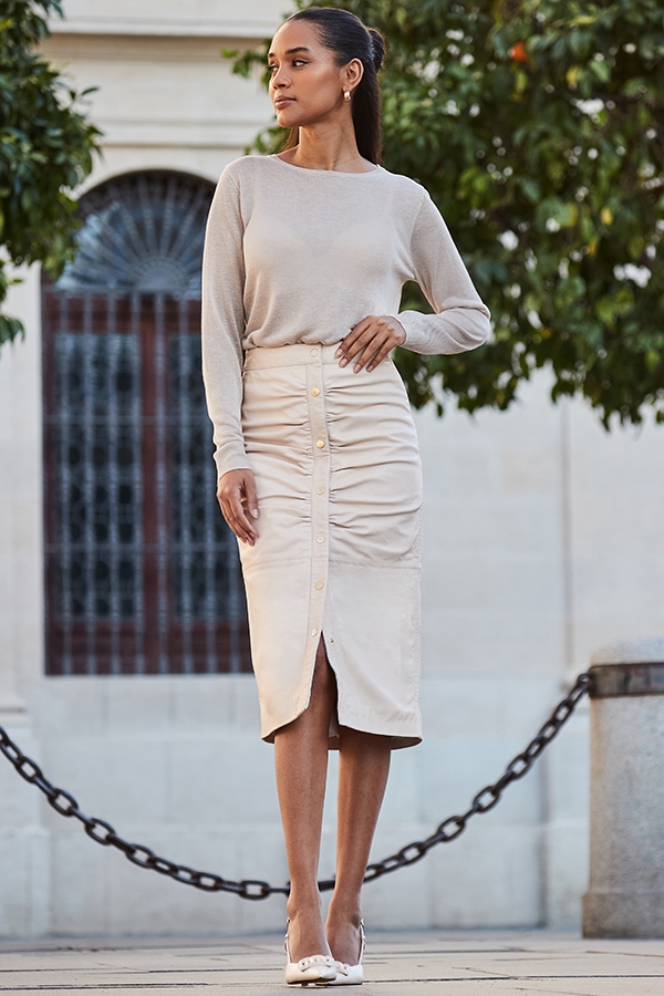 Ecru Leather Button Front Midi Skirt