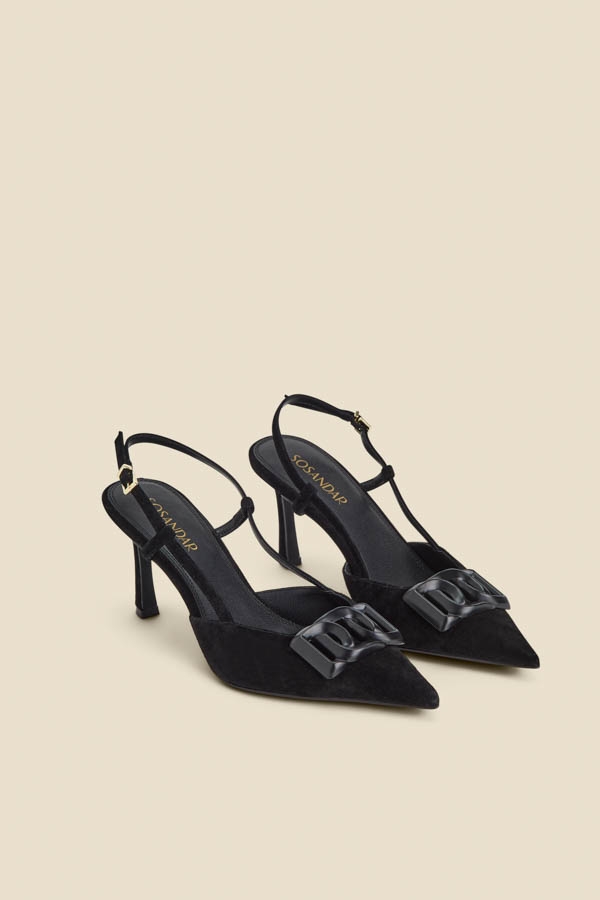 Black Suede Stiletto Heel Trim Detail Slingback Court Shoe