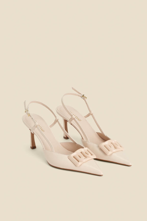 Ecru Leather Stiletto Heel Trim Detail Slingback Court Shoe