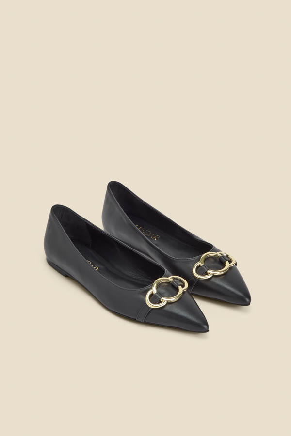 Black Leather Pointed Toe Flat Shoe With Gold Trim
