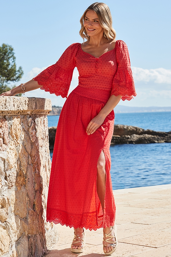 Orange Embroidered Midi Skirt With Broderie Trim