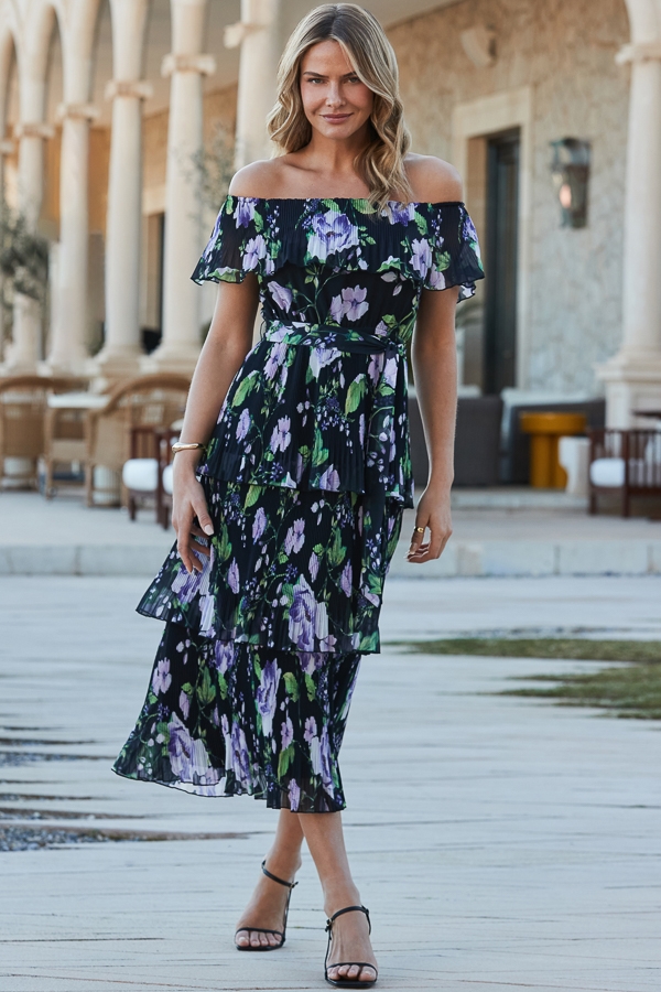 Black Floral Print Pleated Detail Bardot Dress