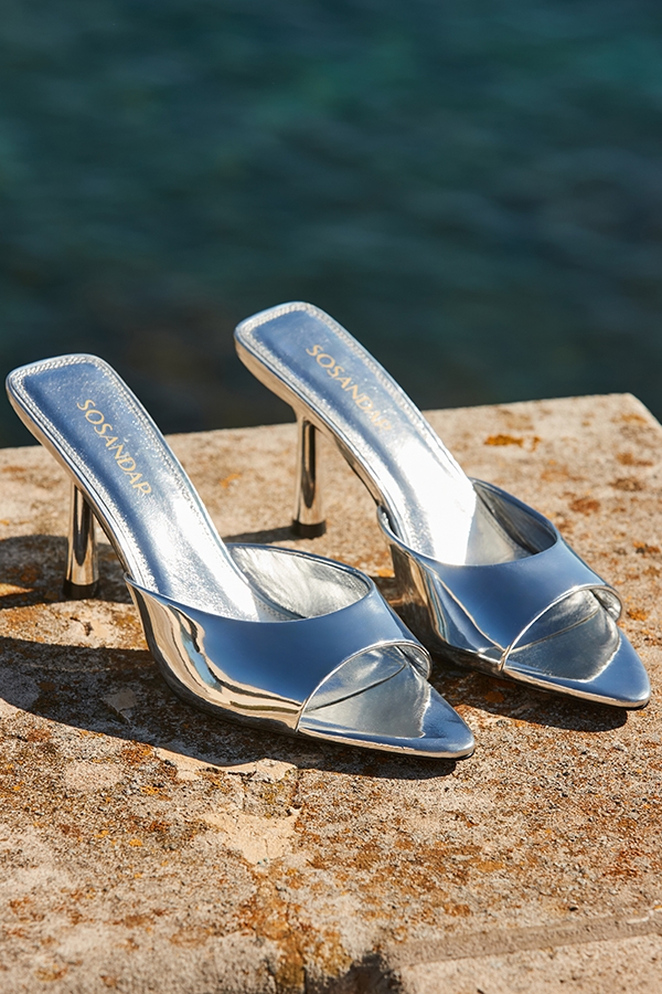 Silver Leather Flared Heel Pointed Toe Mules