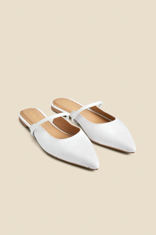 White Croc Leather Pointed Toe Strap Detail Flat Mules