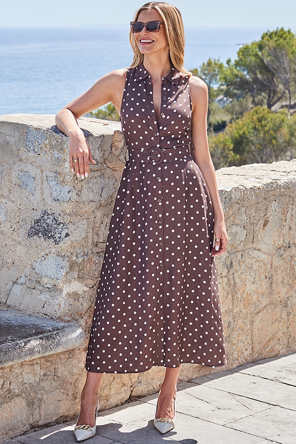 Brown Spot Print Linen Blend Midi Shirt Dress