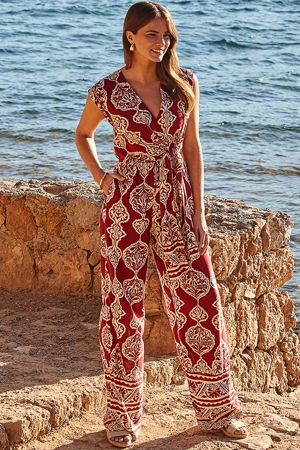 Red Baroque Print Wrap Wide Leg Jumpsuit