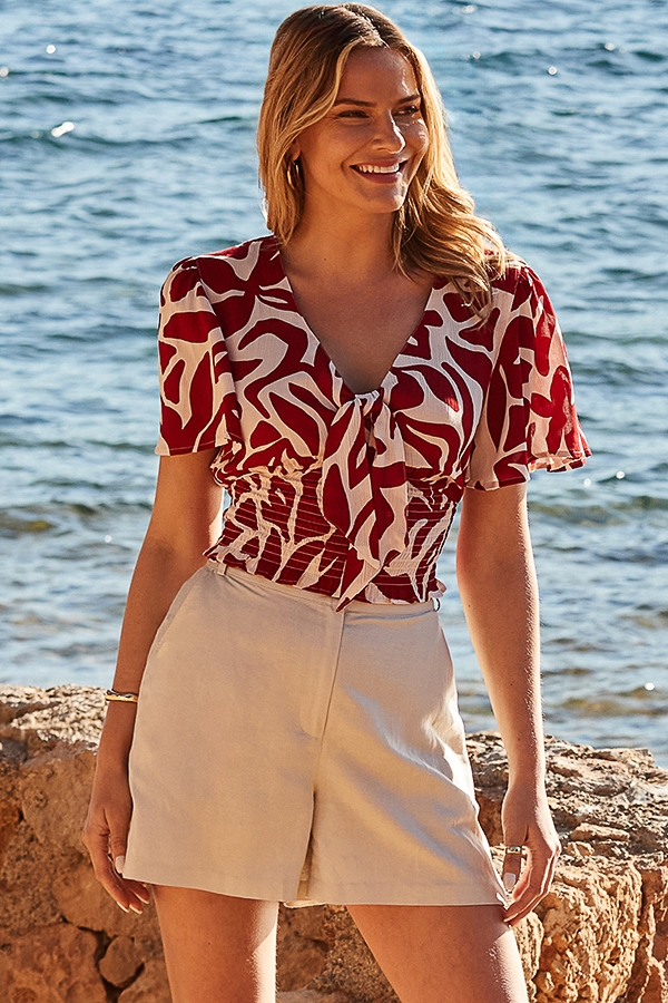 Red Floral Print Tie Front Crinkle Top
