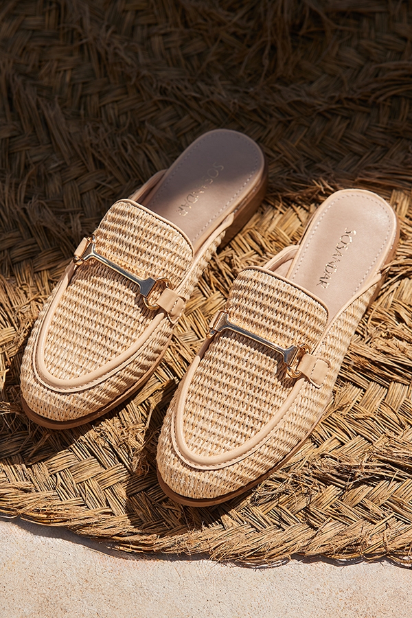 Natural Raffia Gold Trim Mule Loafers