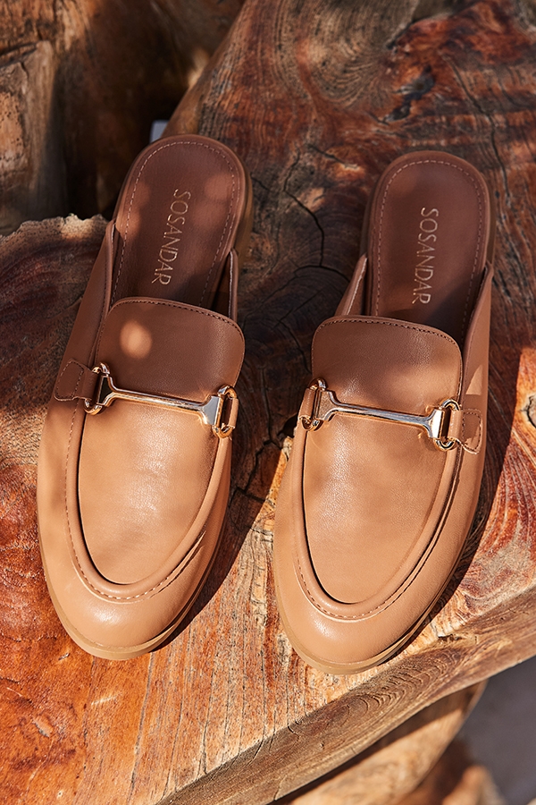 Tan Faux Leather Gold Trim Mule Loafers