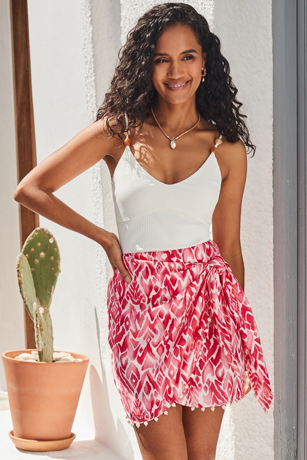 Pink Aztec Print Beaded Trim Wrap Skirt