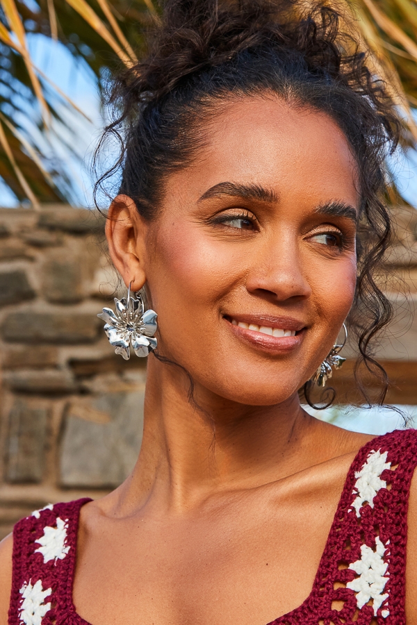 Silver Flower Detail Hoop Earrings