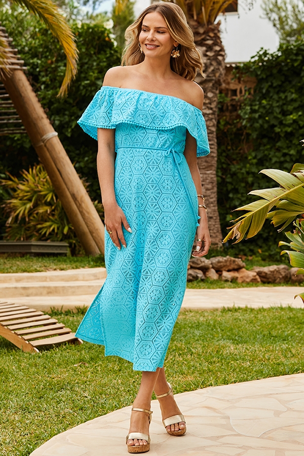 Aqua Blue Crochet Bardot Maxi Dress