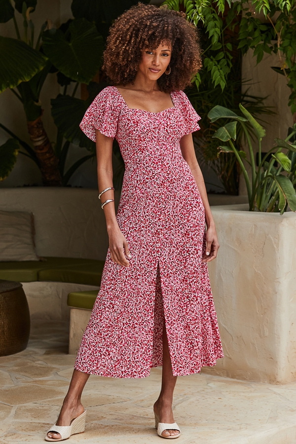 Pink Floral Print Angel Sleeve Midi Dress