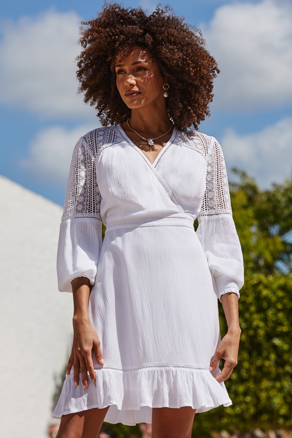 White Broderie Detail Wrap Front Summer Dress