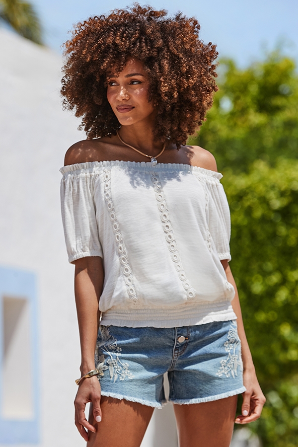 Light Wash Embroidered Floral Raw Edge Denim Shorts