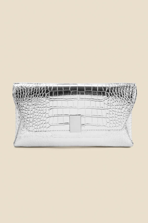 Silver Metallic Croc Clutch Bag With Clasp