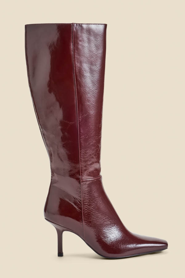Burgundy Leather Square Toe Mid Heel Knee High Boots