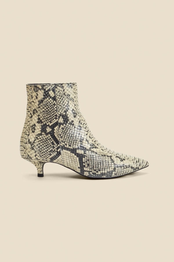 Snake Print Leather Kitten Heel Ankle Boots