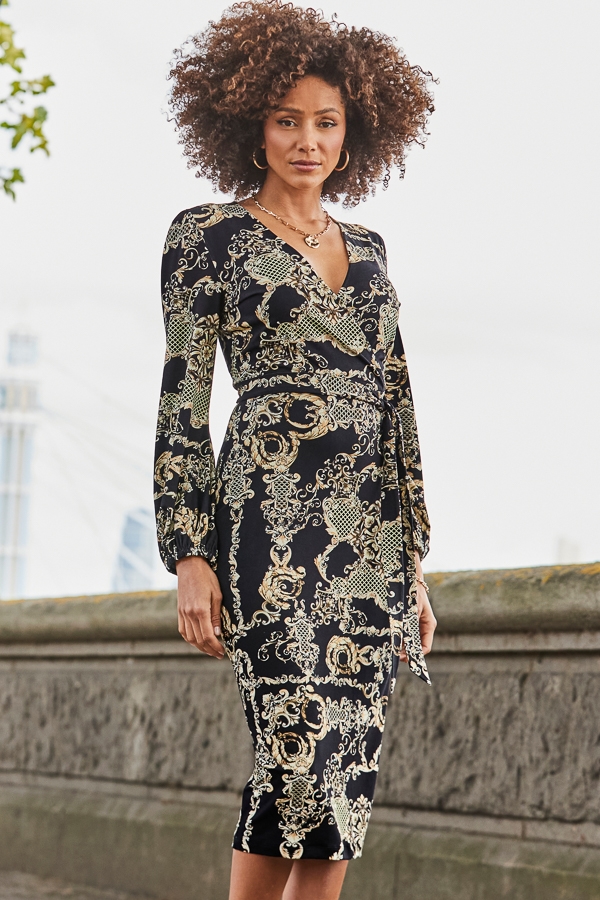Black & Gold Baroque Print Faux Wrap Dress